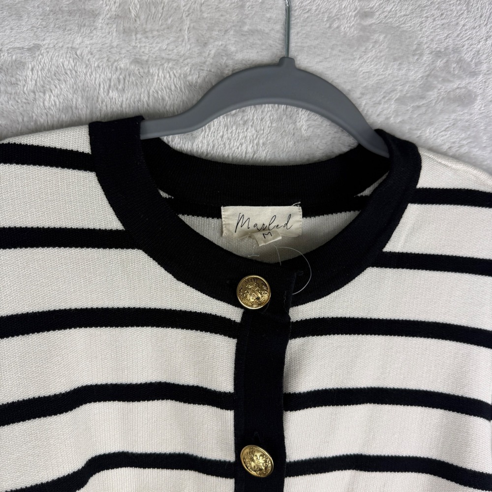Marled Womens Striped Cardigan Sweater Gold Crest Buttons Black cream Size M - Picture 3 of 8
